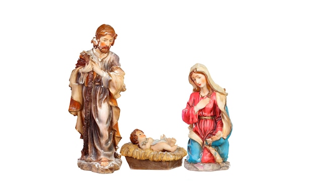 Presepe di Natale con Sacra Famiglia isolato su sfondo bianco