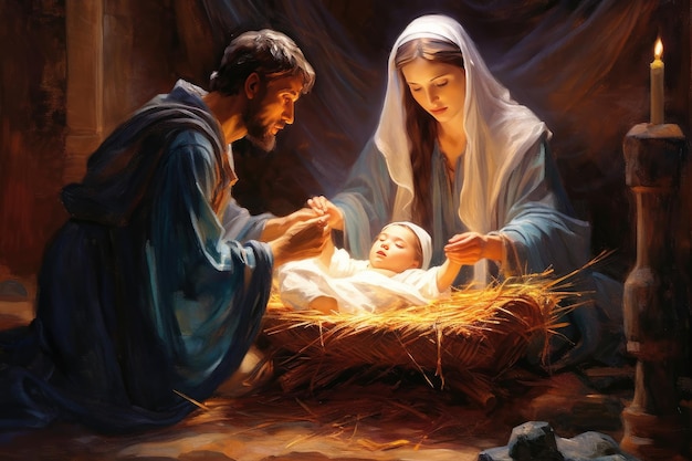 Presepe vertep concetto religioso Stella di Betlemme Nascita del Figlio di Dio Gesù Cristo Vergine Maria Giuseppe Natale cristiano Bibbia Miracolo Sacra Famiglia Generativa AI