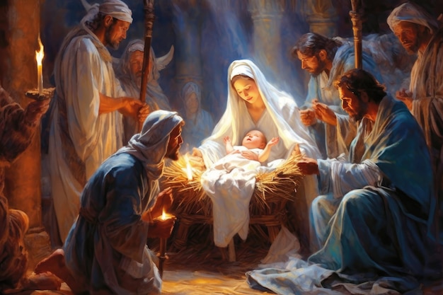 Presepe vertep concetto religioso Stella di Betlemme Nascita del Figlio di Dio Gesù Cristo Vergine Maria Giuseppe Natale cristiano Bibbia Miracolo Sacra Famiglia Generativa AI