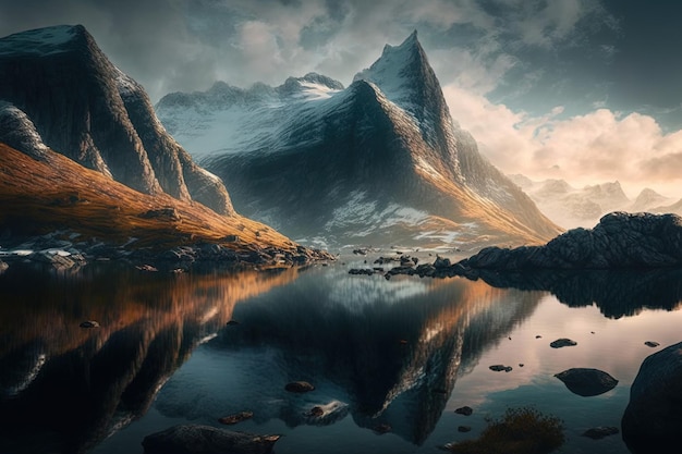 Preso da una prospettiva bassa delle incantevoli montagne lungo la costa norvegese