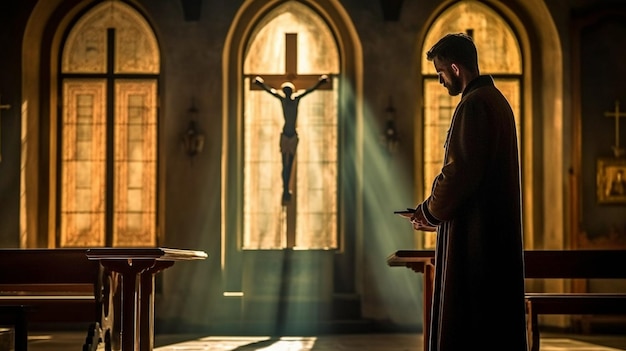 Presso la chiesa un prete cristiano con una croce sta implorando l'IA generativa