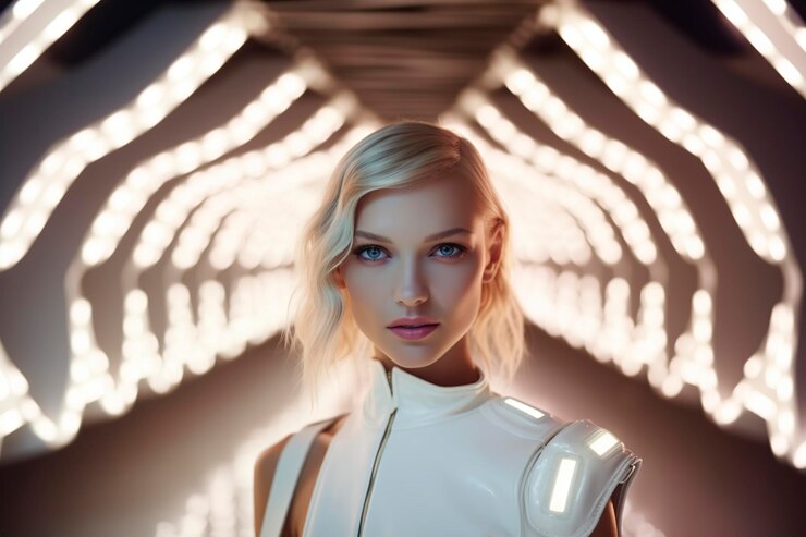pretty futuristic model woman in white suit