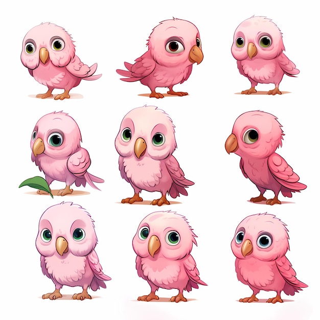 Pretty in Pink Cute Girlish Parrot Character Sheet con varie espressioni e una postura in piedi