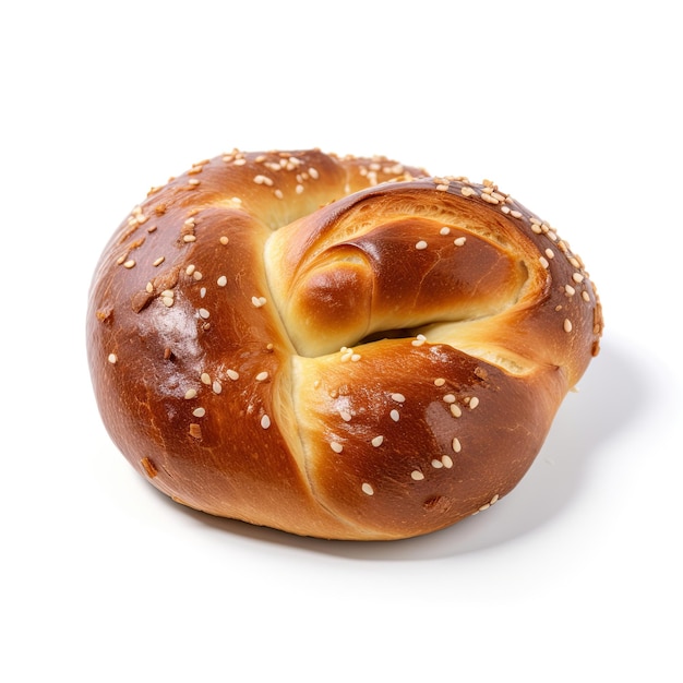 Pretzel appena cotto isolato su uno sfondo bianco vuoto Perfetto per colazione o spuntino