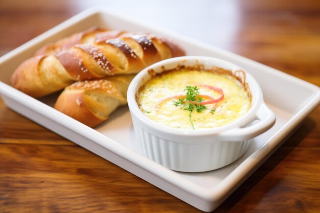 Pretzel morbido con tuffato di formaggio in un ramekin bianco su un vassoio