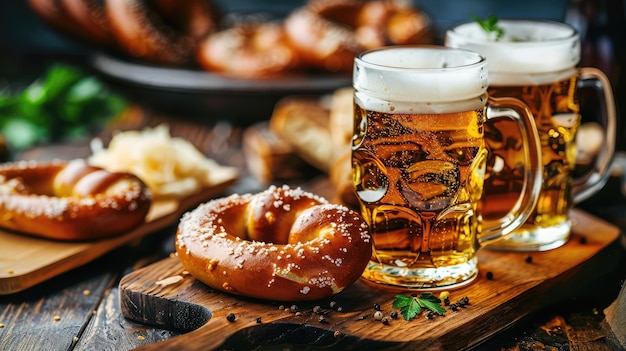 Pretzel morbido e salsiccia bianca bavarese weisswurst fatto di carne di vitello macinata e bacon di maiale con birra crauti o senape di cavolo acido pranzo dell'Oktoberfest tedesco