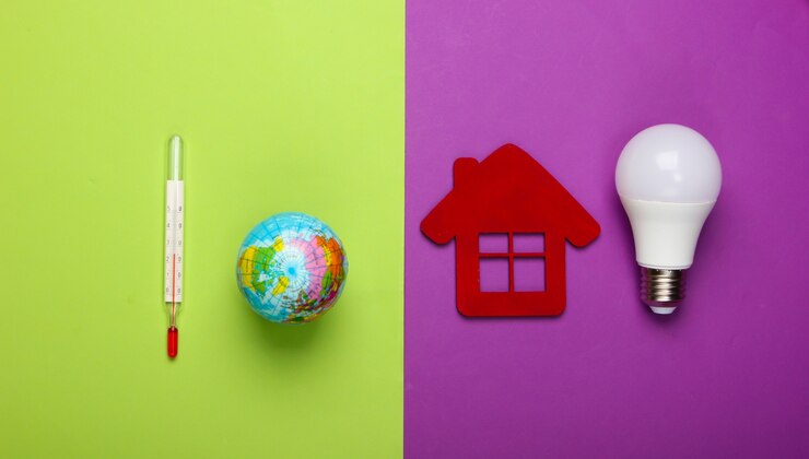 Prevention of global warming. Eco, energy save concept. Figurine of house with led light bulb, globe with a thermometer on green purple background.