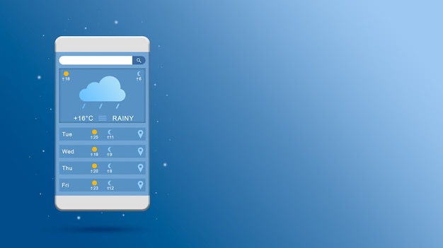 Previsioni del tempo piovoso sul rendering widget online dello schermo del telefono