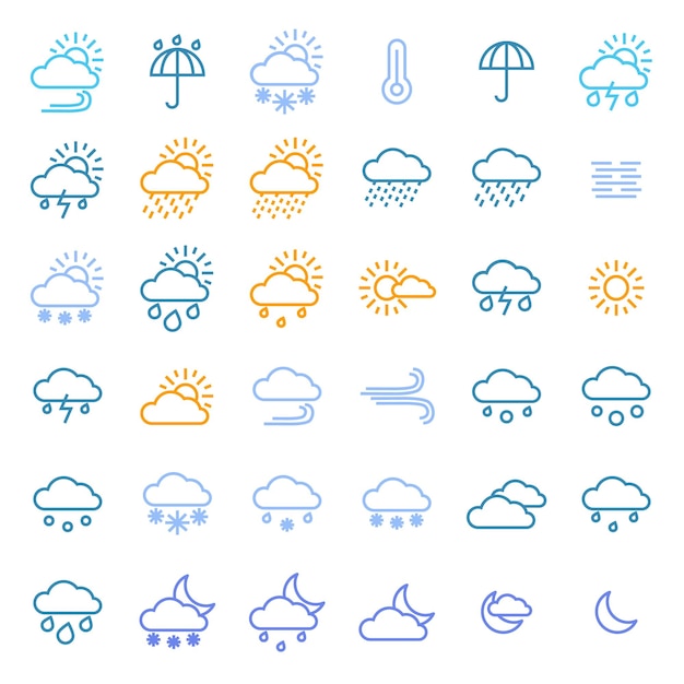 Previsioni meteo segni colore linea sottile set di icone includono di sole temperatura tempesta nuvola pioggia neve temporale e vento illustrazione vettoriale