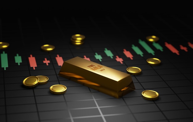 Preziose barre e monete d'oro sul grafico 3D di ricchezza e crescita