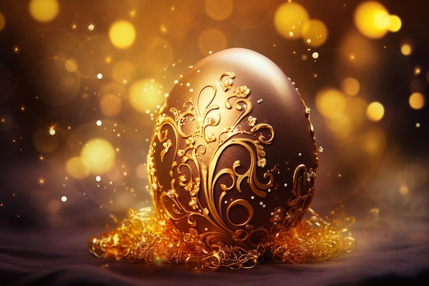 Prezioso uovo d'oro di Pasqua in decorazioni d'oro con luci su uno sfondo scuro