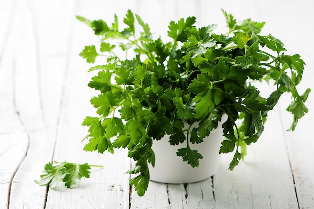 Prezzemolo fresco verde sulla tavola di legno