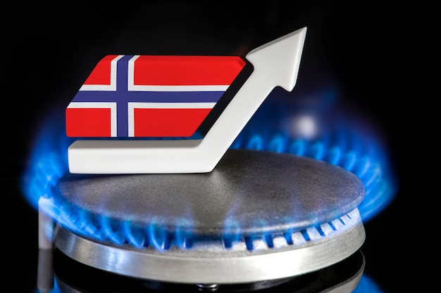 Prezzo del gas Aumento dei prezzi del gas in Norvegia Un bruciatore con una fiamma e una freccia in alto dipinta con i colori della bandiera della Norvegia Il concetto di aumento dei prezzi del gas o dell'energia