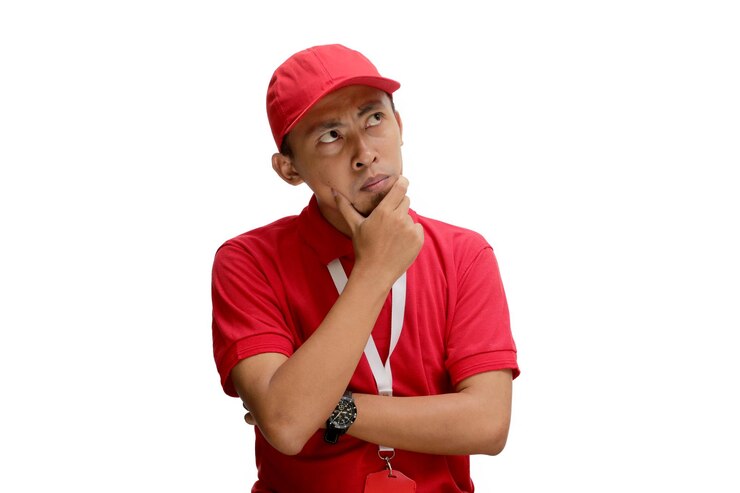 Photo pria pengantar makanan asia yang sedang berpikir melihat ruang salin