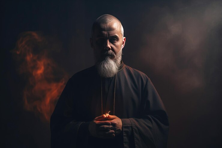 Priest praying to God on dark background Generative AI