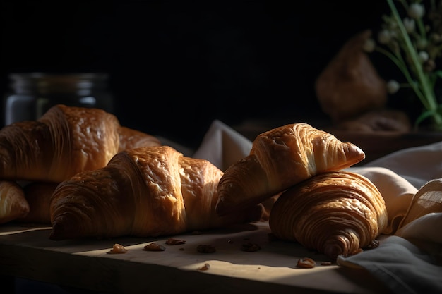 Prima colazione con croissant sulla tavola di legno rustica