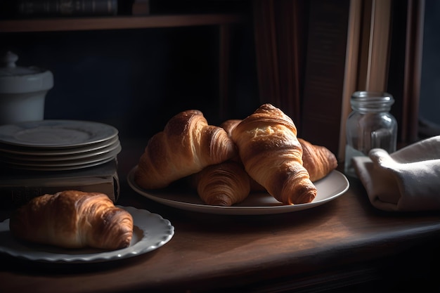 Prima colazione con croissant sulla tavola di legno rustica