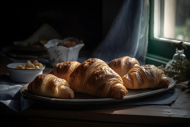 Prima colazione con croissant sulla tavola di legno rustica