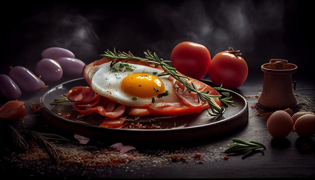 Prima colazione con i pomodori e le erbe della pancetta dell'uovo su un fondo nero ai generativo