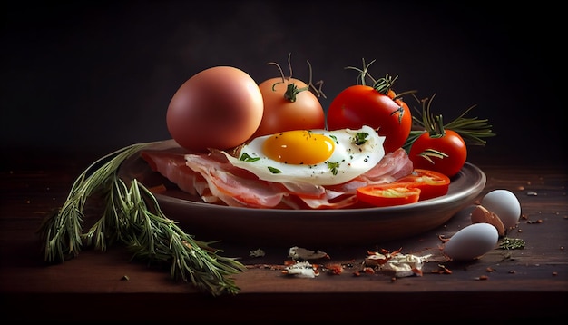 Prima colazione con i pomodori e le erbe della pancetta dell'uovo su un fondo nero ai generativo