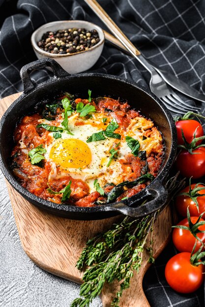 Prima colazione con uova fritte, pomodori. Shakshuka in padella.