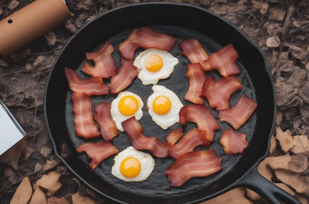 Prima colazione in campeggio con pancetta e uova in una padella di ghisa uova fritte con pancetta in una pentola nel