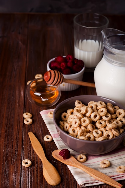 Prima colazione sana - anelli di cereali in una ciotola con latte