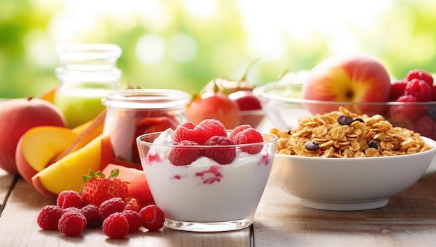 Prima colazione sana con yogurt al muesli e frutta fresca