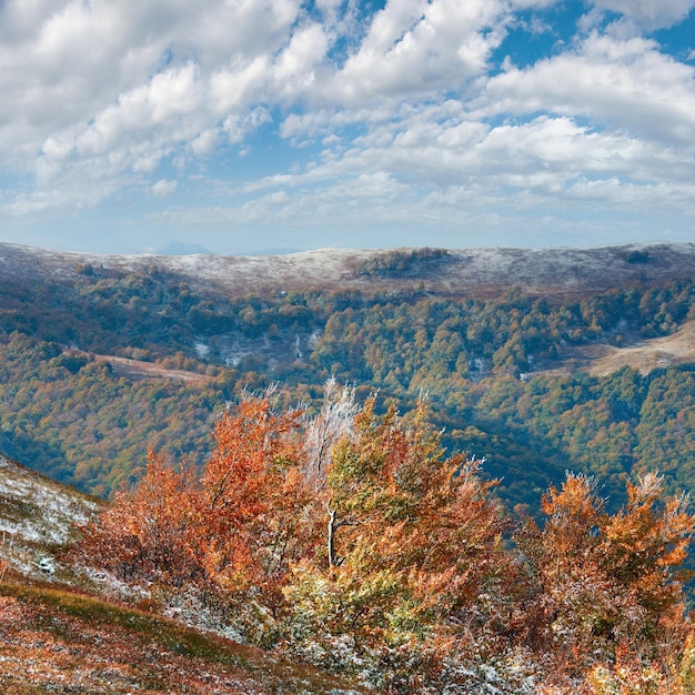 Prima neve invernale e fogliame colorato autunnale sulla montagna