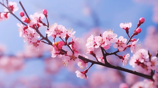 Primavera banner rami di ciliegio in fiore sullo sfondo del cielo blu
