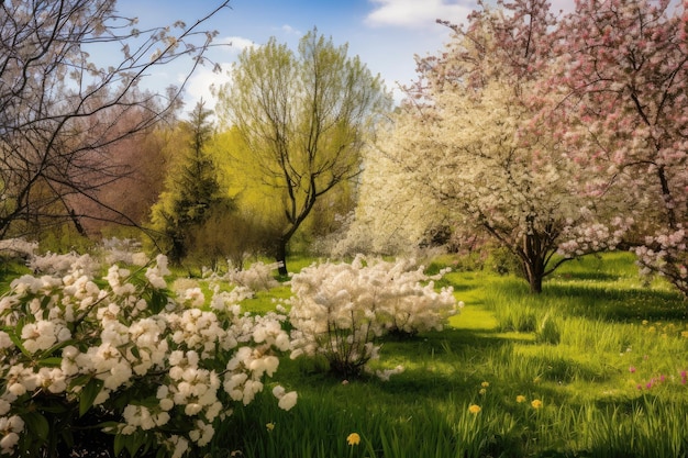 Primavera con fiori che sbocciano e alberi in erba creati con l'IA generativa