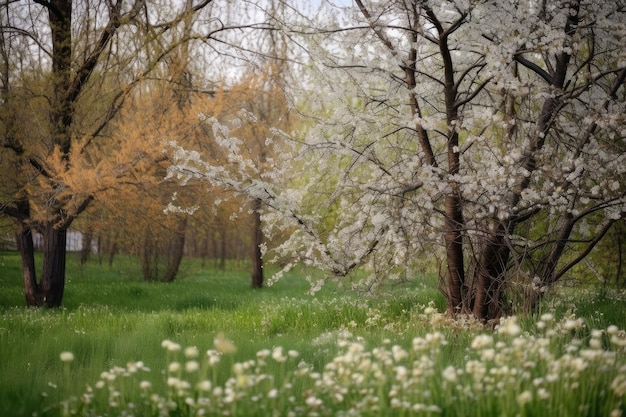 Primavera con fiori che sbocciano e alberi in erba creati con l'IA generativa