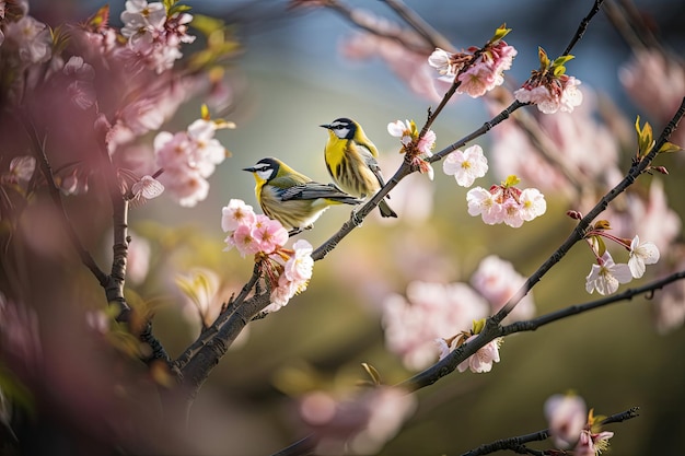 Primavera con fiori che sbocciano e uccelli che cantano in sottofondo creati con l'IA generativa
