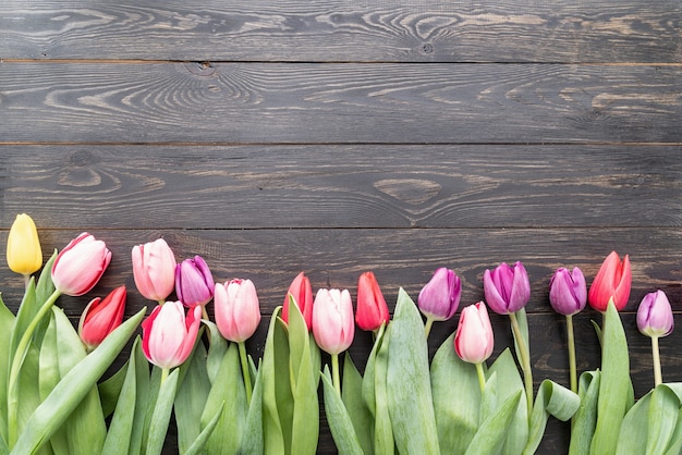 Primavera, concetto di fiori. tulipani colorati su sfondo nero tavolo in legno