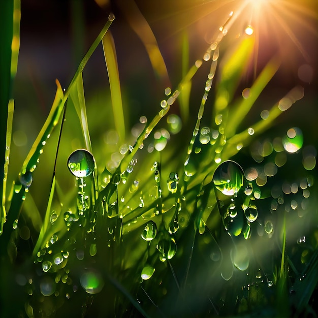 Primavera erba verde con gocce di rugiada Primo piano di erba bagnata e gocce di pioggia