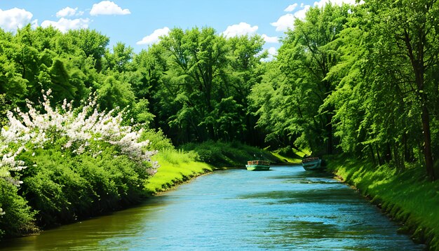 Primavera estate paesaggio cielo blu nuvole barca sul fiume alberi verdi