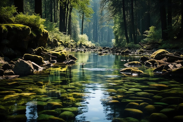 Primavera foresta natura paesaggio bella primavera ruscello fiume rocce nella foresta di montagna AI generati