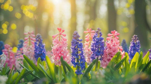 Primavera in foresta con fiori rosa e viola