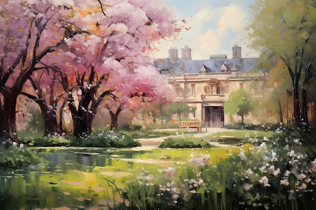 Primavera in un vecchio parco inglese Pittura a olio in stile impressionista Composizione orizzontale