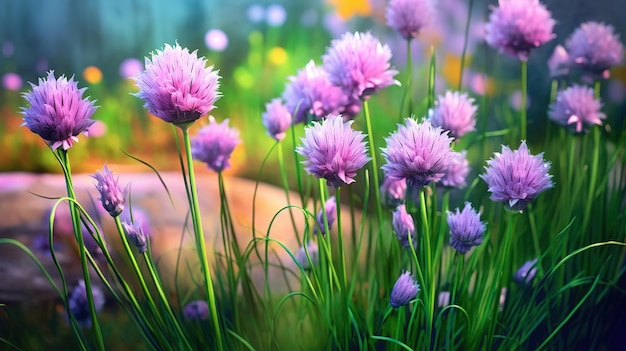 Primavera magica calmante atmosfera fiori rosa erba cipollina sfondo Generativo ai
