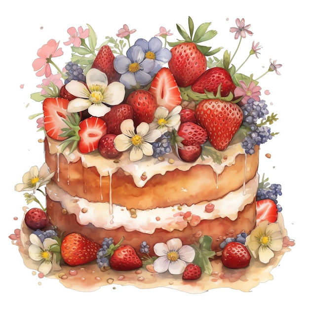 Primavera torta di fragole acquerello illustrazione primavera clipart