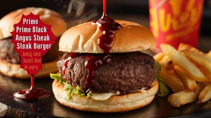 Photo prime black angus steak burger near bun and sauce