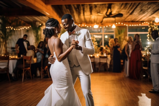 Primo ballo nuziale di una coppia di sposini afroamericani IA generativa