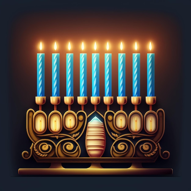 Primo giorno di Hanukkah con candele colorate accese di Hanukkah in Menorah Generative Ai