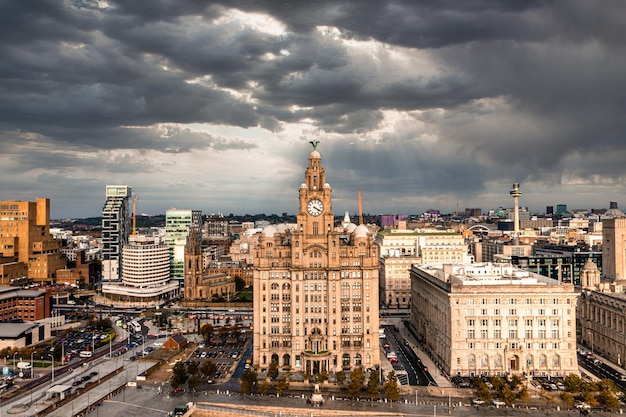 Primo piano aereo della torre dell'edificio del fegato reale a Liverpool