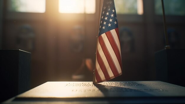 Primo piano bandiera americana su una tomba in un cimitero