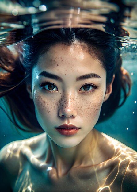 primo piano belle giovani donne asiatiche faccia sotto l'acqua ai generativo