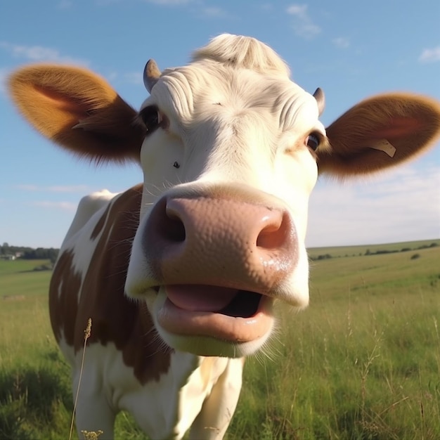 Primo piano bovini sorriso mucca animale pascolo campo rurale testa ritratto AI generativa