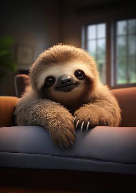primo piano bradipo seduto divano zampe braccio promozionale ragazzo amichevole piccola creatura sarcastico sorriso malvagio