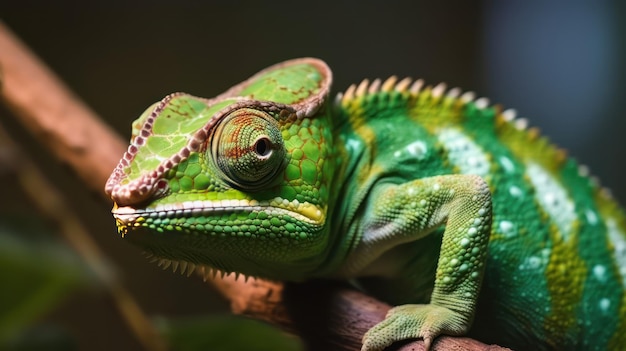 Primo piano camaleonte di colore verde IA generativa